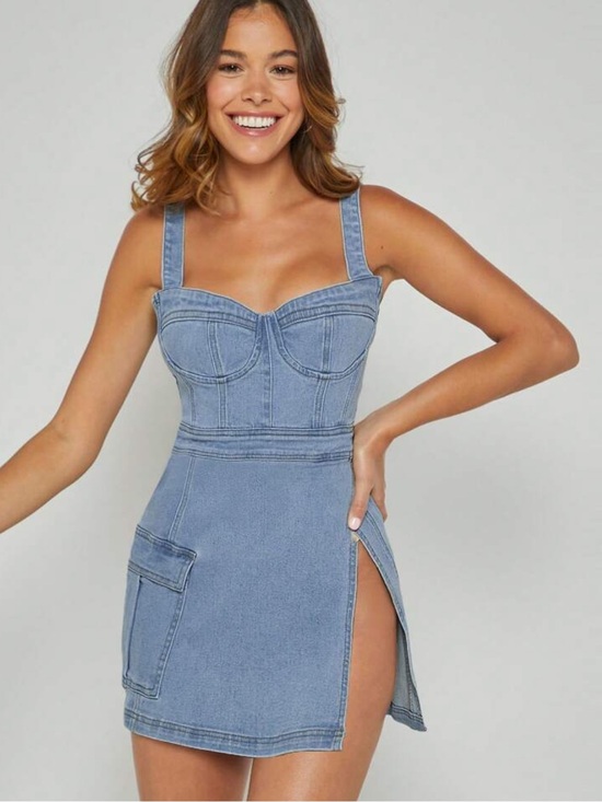 Dresses & Skirts - Denim Mini Dress with High Thigh Split